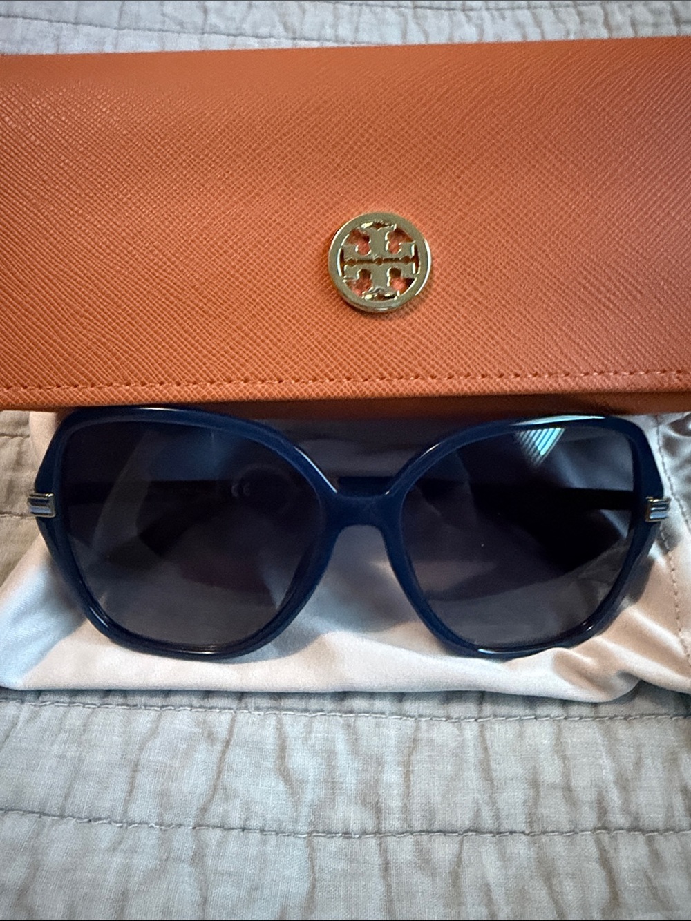 Tory Burch Navy Oversized Sunglasses with Orange Logo Case